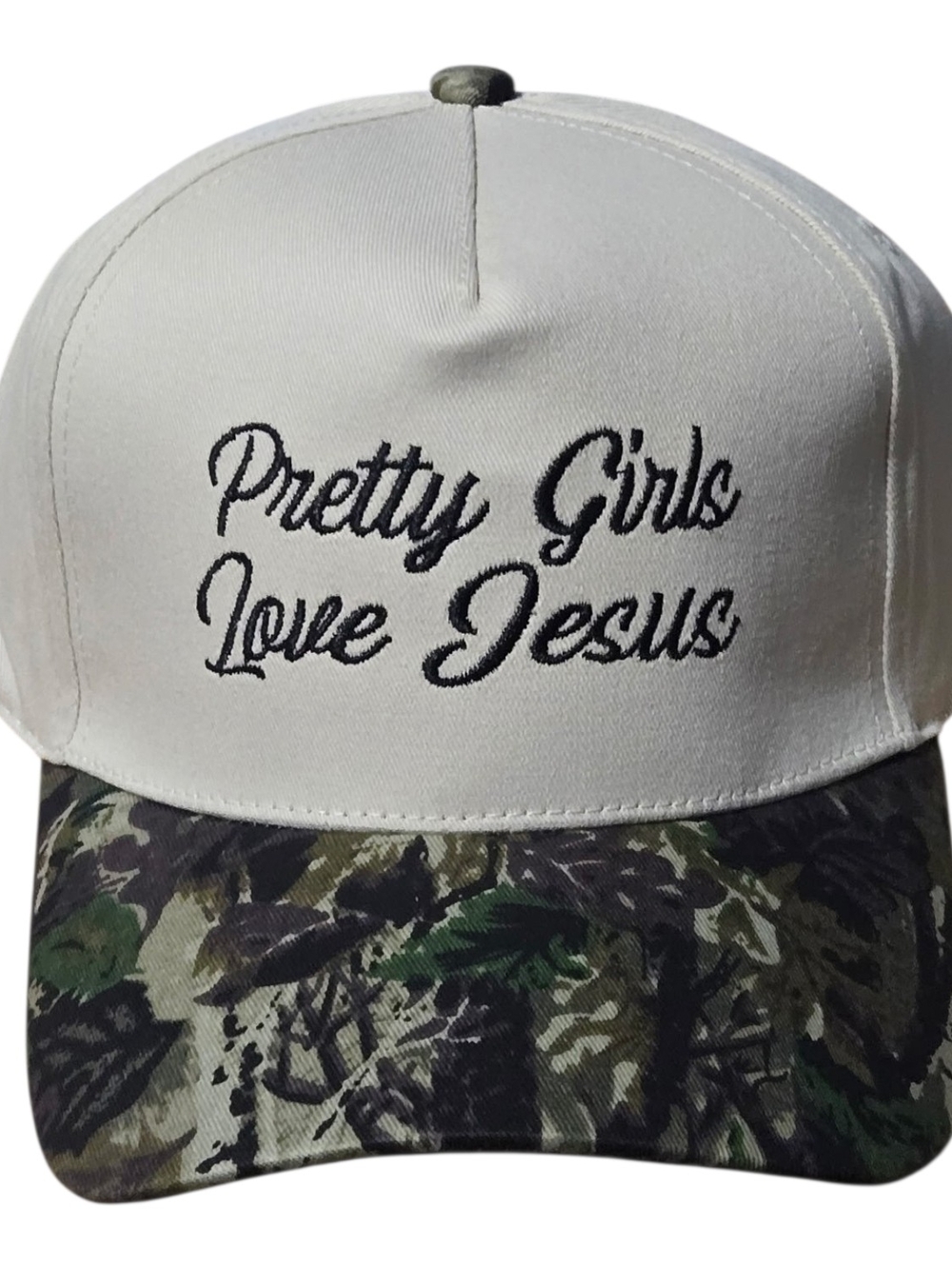 Zenana Pretty Girls Love Jesus Embroidered Cap - Cream with Camo Brim